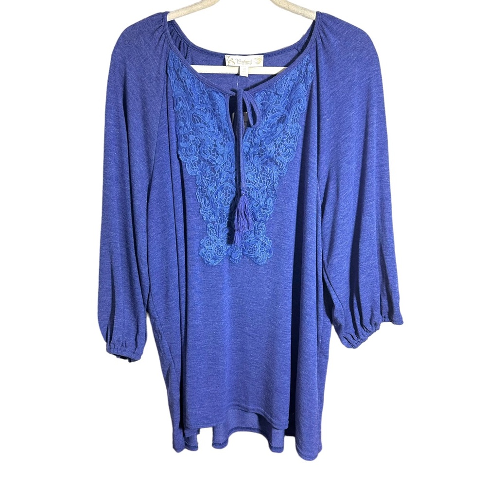 Weekend Suzanne Betro Women’s Sz 2X Heather Royal Blue Tunic Top Lace Applique